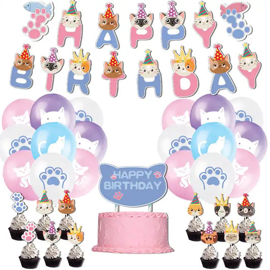 Cute Cat Themed Birthday Party Banner and Balloons Set