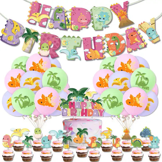Pink Dinosaur Themed Birthday Party Banner and Balloons Set