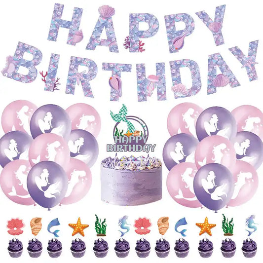 Mermaid Themed Birthday Party Banner and Balloons Set