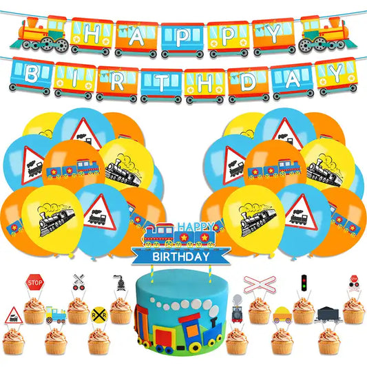 Train Themed Birthday Party Banner and Balloons Set