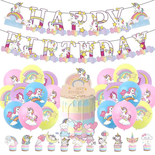 Unicorn Themed Birthday Party Banner and Balloons Set
